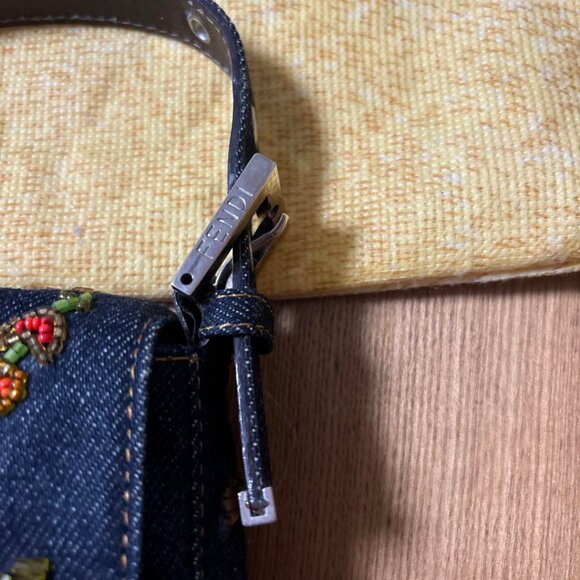 Authentic FENDI FF Denim Ricami Beaded Baguette Floral Blue Abstract Flap Purse - Picture 9 of 14